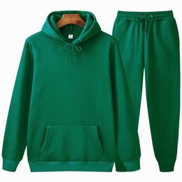 Autumn Hoodies Men Women Two Piece Set Solid Fleece Oversized Tracksuits Winter Thick Warm Hooded Sweatshirt Jogger Pants Suit H0909