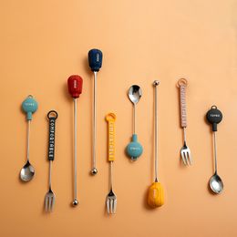 Fruit Coffee Spoon Stir Stick Long Handle Stainless Steel Flatware Comfortable Fork Ice Cream Desserts Scoops