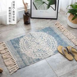 Nordic Cotton And Linen Knit Rug Ethnic Style Carpet Tassel Small Rug Bedroom Kitchen Rugs Mat Boho Washable Home Decoration 210917