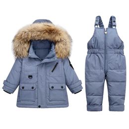 -30 Degree Winter Boy Ski Suit Girls Snowsuit Real Fur Collar Parkas 2021 Children's Down Jacket 2Pcs Set Baby Girl Coat Clothes H0909