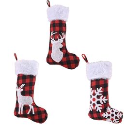 Christmas Stockings Burlap Plaid Style with Snowflake Reindee Plush Faux Fur Cuff Xmas Holiday Party Decor PHJK2108