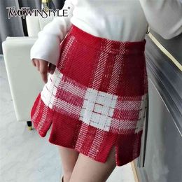 Patchwork Stripe Plaid Skirt For Women High Waist Split Bodycon Slim Tweed Skirts Female Fashion Clothing 210521