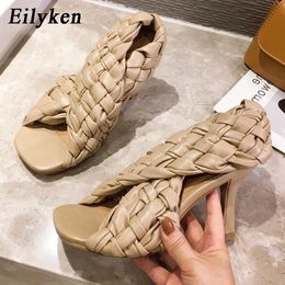 FACTORY_STORE01 Sexy Thin High Heels Fashion Ladies Gladiator Sandals Weave Open Toe Slip On Rome Slides Women Dress Shoes size 41 42