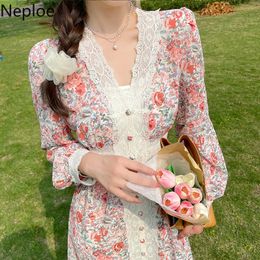 Neploe Floral Dress Women Summer Elegant Robe Lace Patchwork V Neck Puff Sleeve Midi Dresses Sweet Slim Chiffon Vestidos 210422