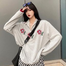 Women's Hoodies & Sweatshirts Oversize Clothing Autumn Street Style Casual American Vintage Fashion All-match Floral Turn-down Collar