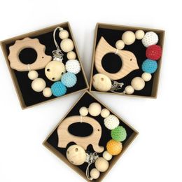 2021 DIY Silicone Pacifier Clip Chain Baby Teething Soother Chew Toy Dummy Clips Beech Beads Cartoon Wooden Pendant Newborn Gift