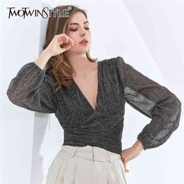 Solid Short Blouses For Women V Neck Lantern Long Sleeve Ruched Bowknot Lace Up Sexy Shirts Female Clothes 210524