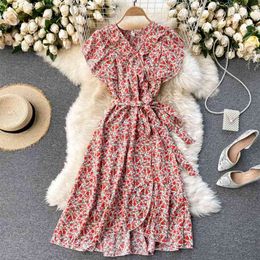 Spring Holiday Dress Women Fashion V-neck Lace Up Waist Thin Ruffle Sweet Casual Clothes Harujuku Vestidos Q790 210527