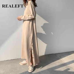 Casual Long Women's Dress Spring Summer Buttons Sleeve O-Neck Side Split Straight Chic Female Loose 210428