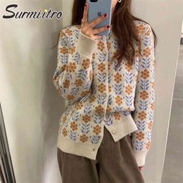 Spring Autumn Korean Ins Floral Knitted Cardigan Women O Neck Long Sleeve Female Sweater Coat Knitwear 210421