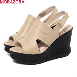 MORAZORA Genuine Leather Women Sandals Fashion Wedges Platform Party Shoes Summer Black Apricot Colour Party Shoes 210506