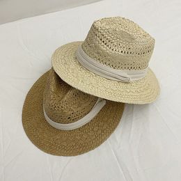 Jazz hat Summer Women Wide Brim Seagrass Straw Hat with ribbon Fashion Lady Sun Hats Panama Beach Cap Solid color