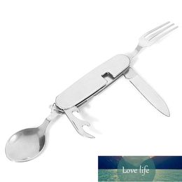 4 In 1 Foldable Spoon Knife Fork Bottle Opener Stainless Steel Tableware Set Outdoor Camping Hiking Travel Survival Accessories