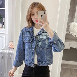 Women's Jackets 2022 Fashion Spring And Autumn Denim Jacket Women Korean Loose 3D Flowers Tops Female Cotton Short