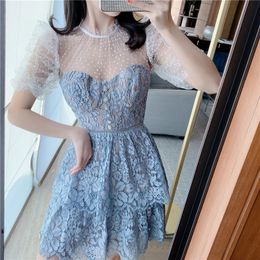 Runway Summer Women Elegant Puff Sleeve Mesh Patchwork Lace Floral Ruffles Diamonds Buttons Layer Cake Mini Dress 210416