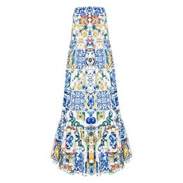 High quality fashion summer long skirt Women's elegant blue and white porcelain print bohemian casual Maxi 210708