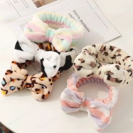 Leopard Soft Bow Wash Face Headbands For Women Girls Coral Fleece Hairbands Holder Headwear Hair Accessories