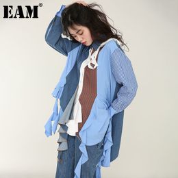 [EAM] Women Tassel Denim Asymmetrical Long Blouse Lapel Long Sleeve Loose Fit Shirt Fashion Spring Autumn 1DD420805 21512