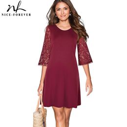 Nice-forever Elegant Embroidery Floral Lace Patchwork Shift Dresses Casual Loose Women Straight Dress btyA174 210419