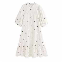 Women Fashion Embroidery Midi Dress Vintage O Neck Short Puff Sleeve Dresses Girls Casual Chic Vestidos 210520