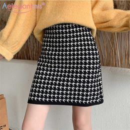 Aelegantmis Spring Korean Houndstooth Knitted Mini Skirt Women Soft Warm Elastic High Waist Female A Line Elegant 210607