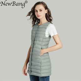Bang Matt Fabric Women's Long Vest Ultra Light Down Women Waistcoat Female Coat Slim Sleeveless Without Collar 211220