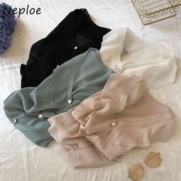 Ice Silk Knitted Blouses Sweet V Neck Single Breasted Shirts Top Summer Loose Fashion Long Sleeve Sunscreen Blusas 1D903 210422