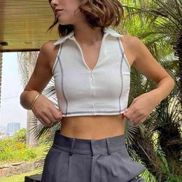 Caual Rib Knit Sleep Tank Top Sexy White Stitch Streetwear Basic Outfits Summer 2021 Ladies Zip Collar Mini Vest Women X0507