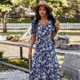 summer A-Line printed dress for women V-neck ruffles beach dress high-waist casual slits ladies bohemian midi dress vestidos 210514