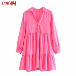 Tangada Autumn Fashion Women Pink Shirt Dress Long Sleeve Turn Down Collar Ladies Loose Pleated Dress 3H549 210609