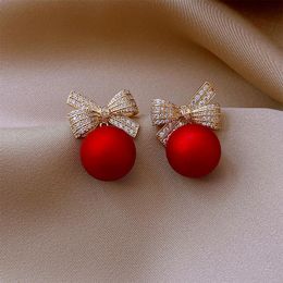 Stud Crystal Bow Knot Earrings For Women Pearl Cherry Flowers Rhinestone Red Earring Girls Party Christmas Jewelry Gifts