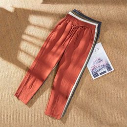 Woman Summer Harem Pants Vintage Candy Colours Cotton Linen Wide Leg Pants Solid Elastic Waist Ankle-length Capris Trousers 211112