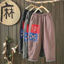 Winter Arts Style Women Elastic Waist Loose Thicken Warm Pants Embroidery Flowers Patchwork Cotton Linen Harem V224 210512