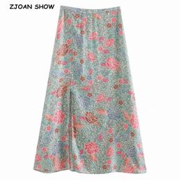Summer Bohemian Floral Print Slit Long Skirts Ethnic Women High Waist A line Beach Holidays Boho Blue 210429
