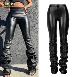 Clacive Hight Waist Black PU Leather Trousers Casual Ankle-Length Stacked Women'S Pants Bodycon Club Ladies Party & Capris