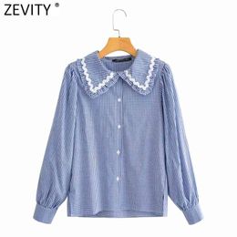 Women Sweet Peter Pan Collar Plaid Print Casual Blouse Office Lady Puff Sleeve Ruffle Retro French Shirt Chic Tops LS9274 210416