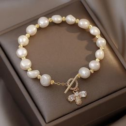 -Cuentas, hebras Barroco Pulseras de perlas de agua dulce para mujer, estilo retro Bee Zircon Light Lighty to Hebille, Fashionable Elegant Small Jewel