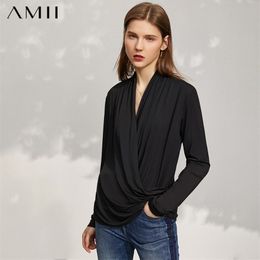 Minimalism Spring Women's Blouse Causal Solid Vneck Modal Loose Female Tshirt Offical Lady Shirt Tops 12140368 210527