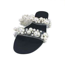 2021 Pantofole da donna con perle di Boemia Sandali con fondo piatto Estate Open Toe Scarpe da donna Infradito di cristallo Scarpe Chaussure Femme dfhdhfAsa