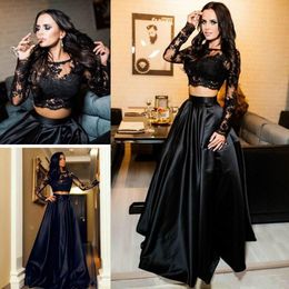 2 Pieces Black Prom Dresses Lace Top Long Sleeve Satin Skirt A Line 2021 Fashion Evening Party Gowns Customize Plus Size