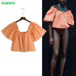 Orange Poplin Crop Top Women Fashion Streetwear Off Shoulder Woman Blouses Short Puff Sleeve Gathered Elastic Tunic Tops 210430