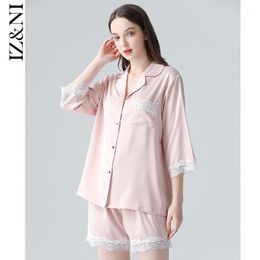 Women's Sleepwear IIZZINI 2021 Summer Pajamas Female Thin Ice Silk Sweet Pure Color Stitching Contracted Shorts Leisurewear Suit