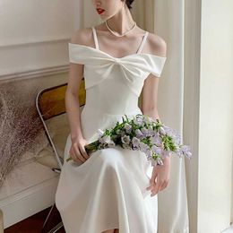 Summer Bowknot White Long Dres Elegant Chic Wedding Sleeveless Female Sklinky Slim Vacation Prom Korean 210604