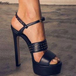 Rontic New Arrival Women Platform Sandals Studs Sexy Stiletto Heels Open Toe Black Night Club Shoes US Size 5-20