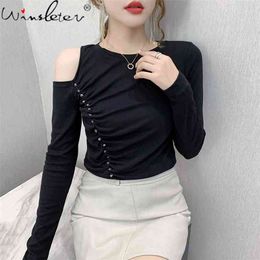 Spring Fall Korean Clothes T-Shirt Girls Sexy Hollow Out Off Shoulder Rivet Cotton Women Tops Bottoming Shirt Tees T11313A 210421