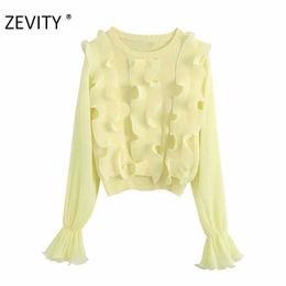 ZEVITY women fashion o neck ruffles appliques knitting casual slim sweater female butterfly sleeve sweaters chic brand tops S363 210603