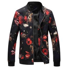 Men Floral Printed Fashion Slim Fit Mens Casual Jackets Long Sleeve Spring Autumn Bomber Jacket Windbreaker Coat Male 210811