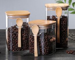 Kitchen Square Glass Sealed Jar Coffee Bean Storage Container With Wooden Spoon Seasoning Bottle Fresh-keeping Organiser