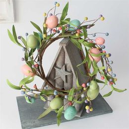 Easter Egg Door Wreath Spring Pastel Mix Pip Berry Front Door Wreath Candle Ring Farmhouse Primitive Home Decor 211104