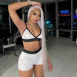 HAOYUAN Sexy Lace Bra Crop Top Shorts Two Piece Set Summer Club Outfits for Women Tracksuit Vacation Bulk Items Wholesale Lots Y0702